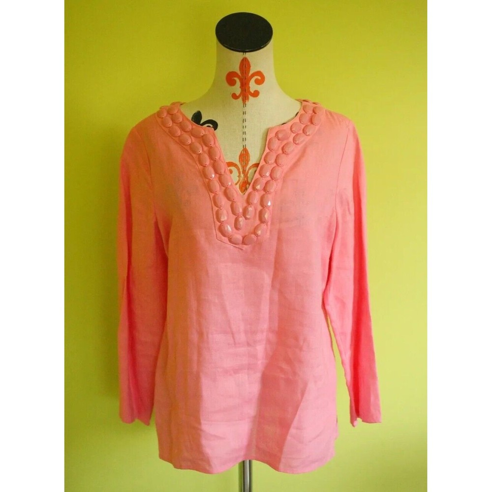TALBOTS Sz S 100% Linen Beaded Long Sleeve Tunic Shirt Blouse Top Pink Coral EUC